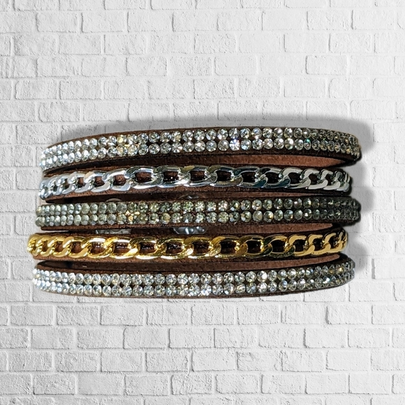 A7 Silver Crystal Gold Rhinestone Suede Wrap New Brown Bracelet Adjustable A7 - Picture 4 of 16